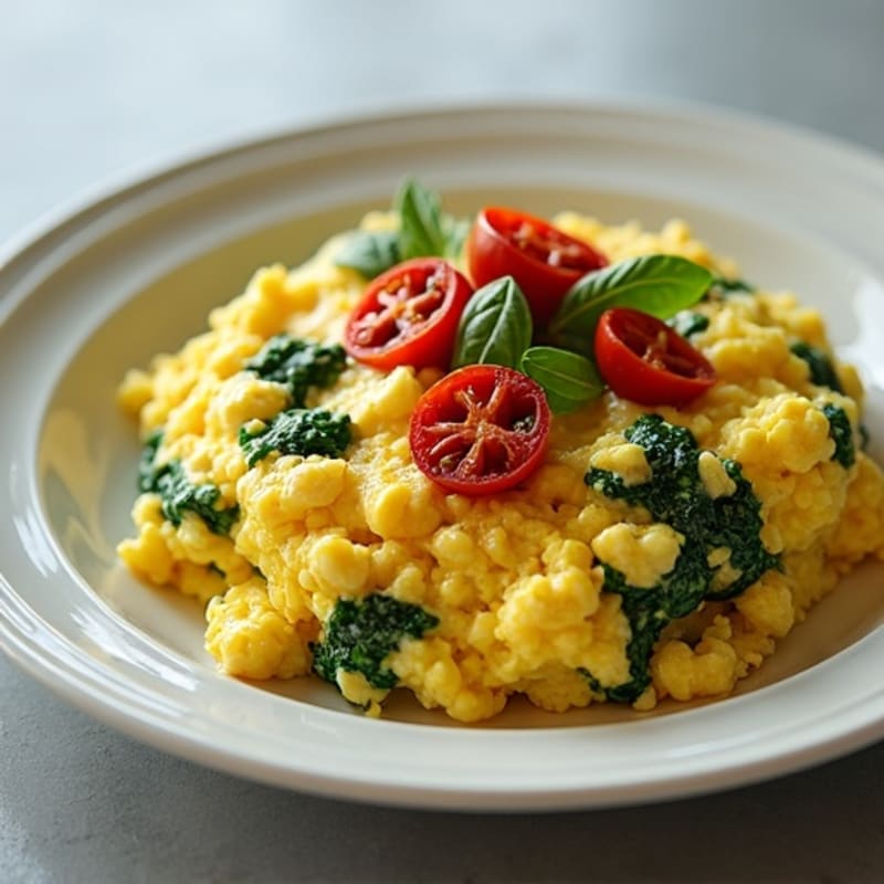Fluffy Scrambled Eggs with Fresh Spinach and Sun-Dried Tomatoes