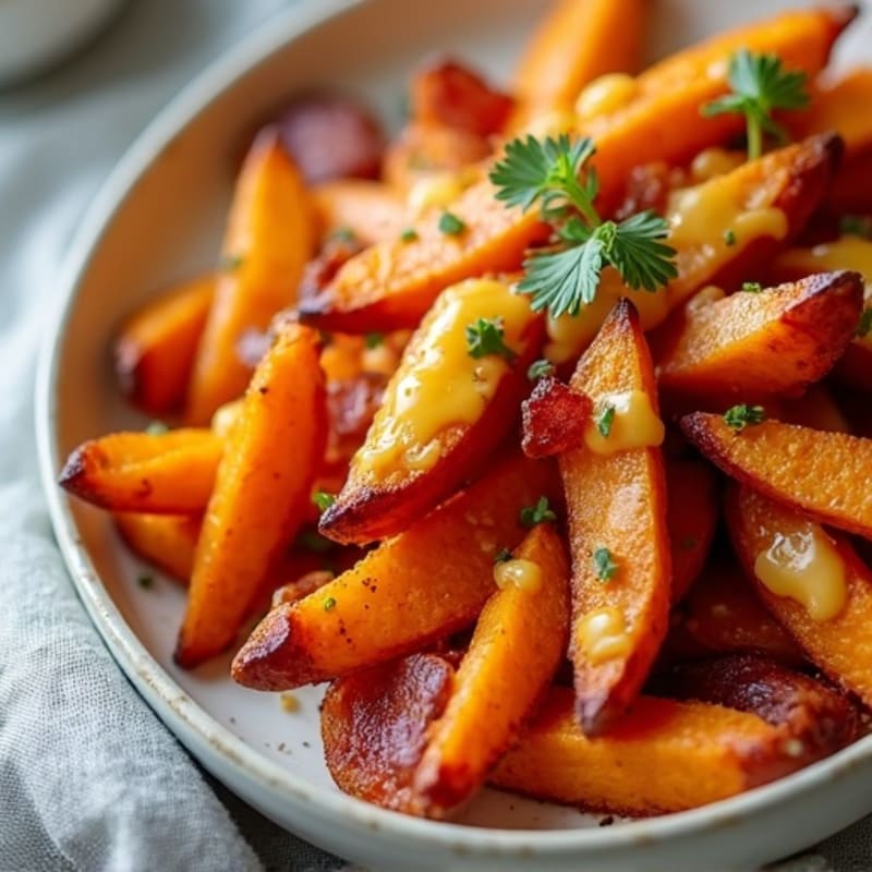 Sheet Pan Crispy Sweet Potato Fries with Turkey Bacon and Cheesy Drizzle