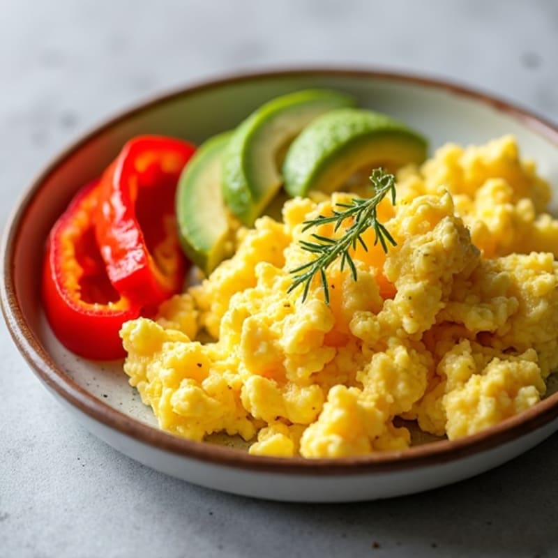 Fluffy Scrambled Eggs with Sliced Avocado and Crispy Bell Peppers
