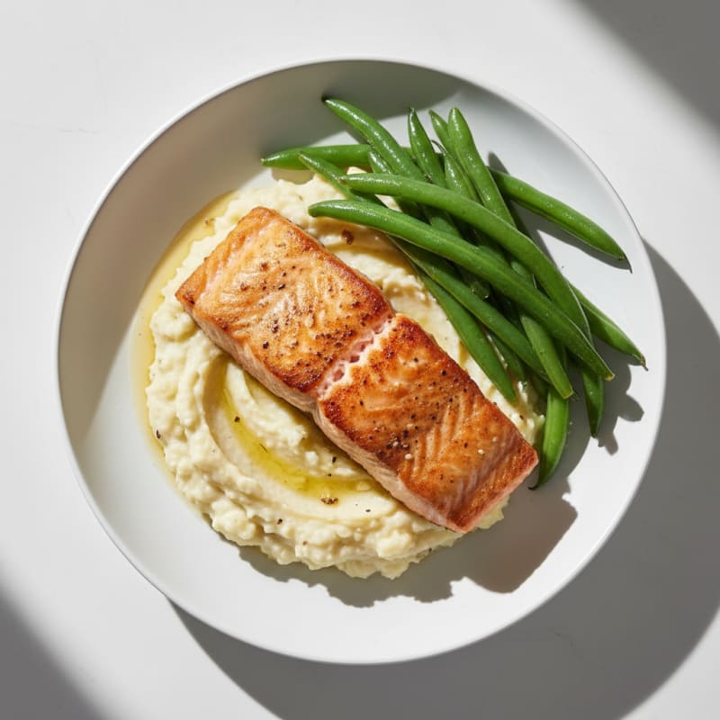 Seared Salmon with Steamed Green Beans and Garlic Mashed Cauliflower