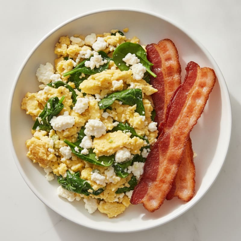 Cottage Cheese Egg Scramble with Spinach and Turkey Bacon