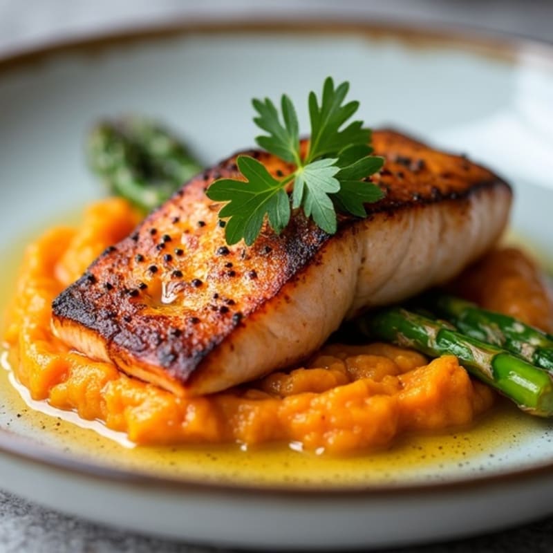Seared Salmon with Roasted Asparagus and Sweet Potato Mash