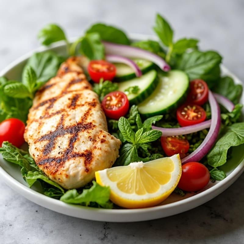Grilled Chicken and Fresh Greens Salad with Creamy Lemon Herb Dressing