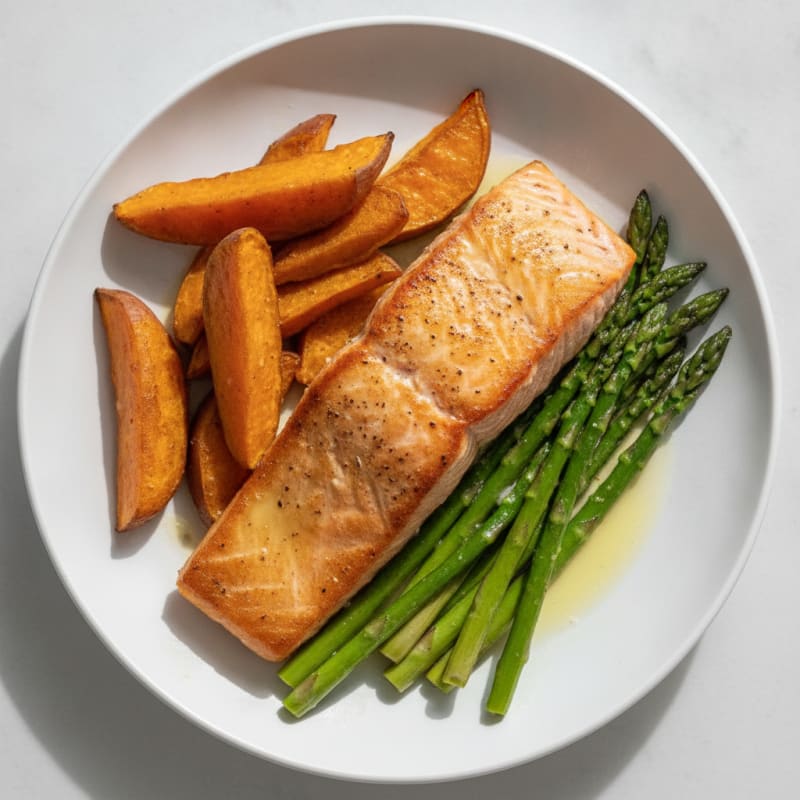 Seared Salmon with Roasted Sweet Potatoes and Asparagus