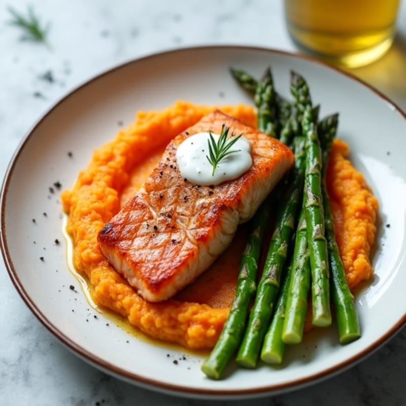 Seared Salmon with Roasted Asparagus and Sweet Potato Mash