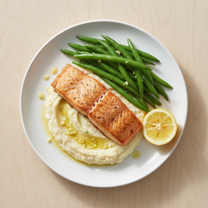 Seared Salmon with Steamed Green Beans and Garlic Cauliflower Mash