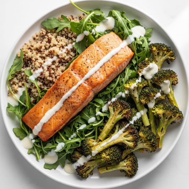 Seared Salmon with Roasted Broccoli and Quinoa Salad