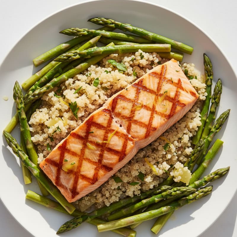 Grilled Salmon with Steamed Asparagus and Lemon Quinoa