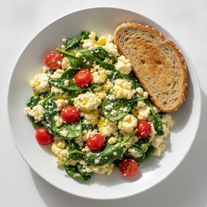 Cottage Cheese Egg Scramble with Spinach and Tomatoes