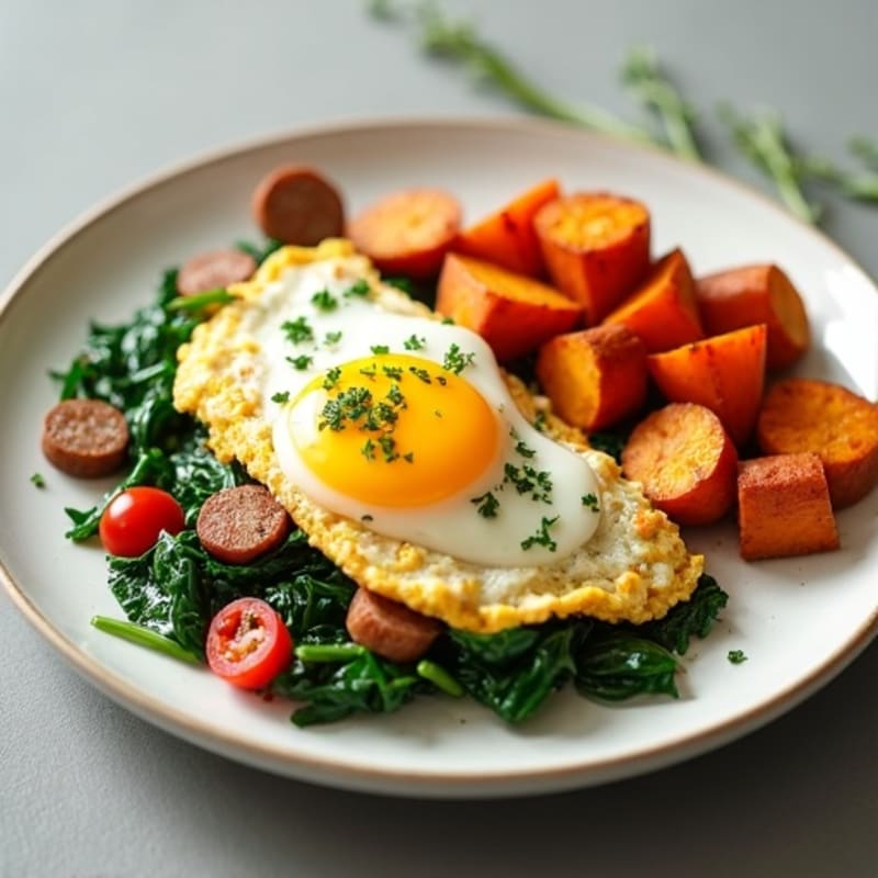 Turkey Sausage and Spinach Scramble with Roasted Sweet Potatoes