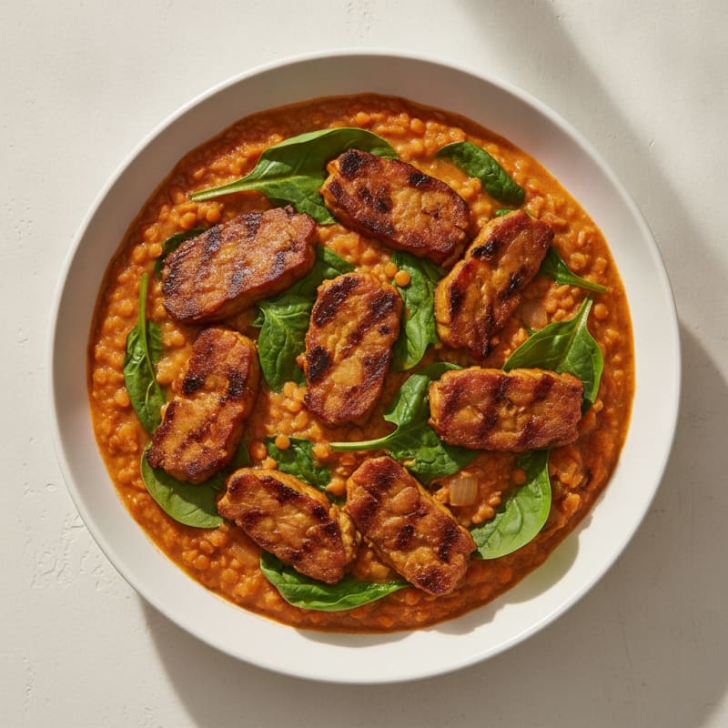 Creamy Lentil and Spinach Stew with Grilled Tempeh