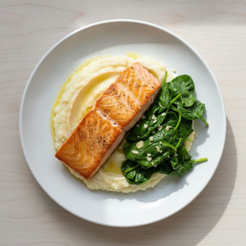 Seared Salmon with Garlic Sautéed Spinach and Cauliflower Mash