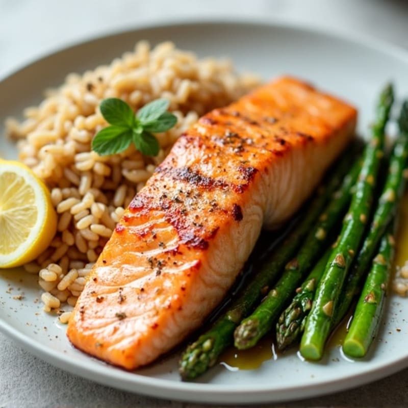 Seared Salmon Fillet with Steamed Asparagus and Brown Rice