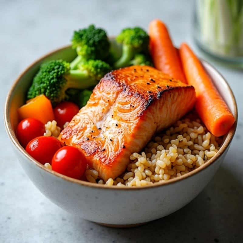 Pan-Seared Sesame-Ginger Salmon Brown Rice Bowl with Fresh Vegetables