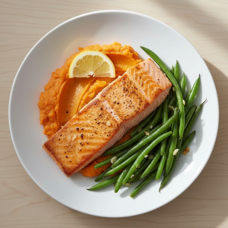 Seared Salmon Fillet with Garlic Green Beans and Sweet Potato Mash
