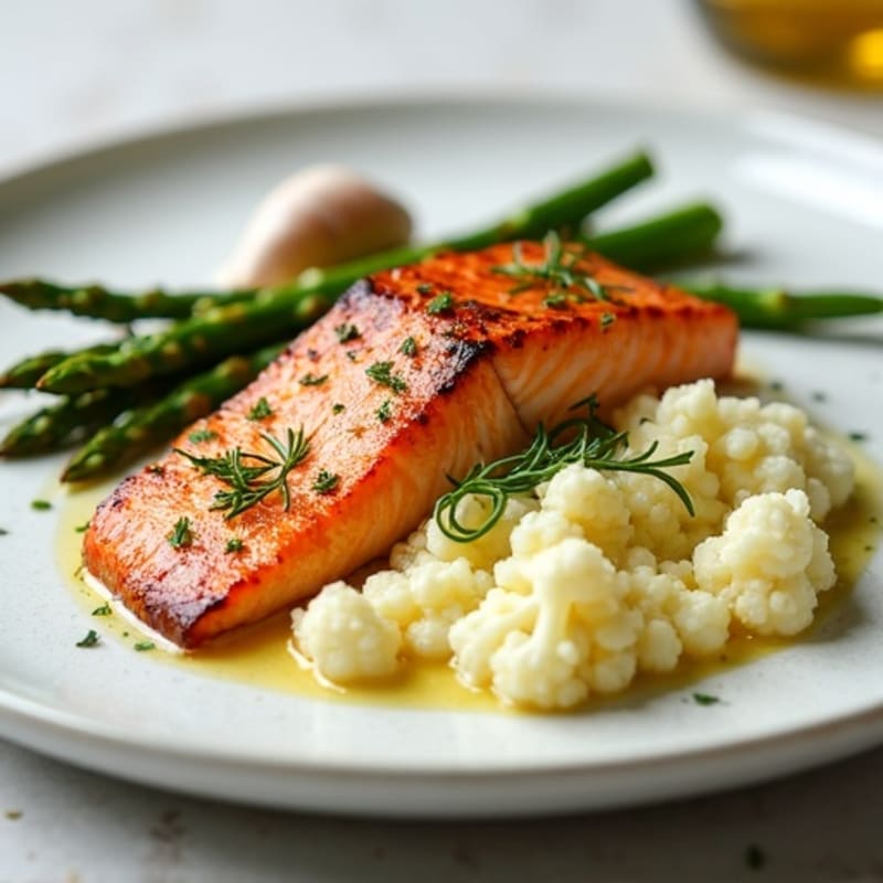 Seared Salmon with Steamed Asparagus and Cauliflower Mash