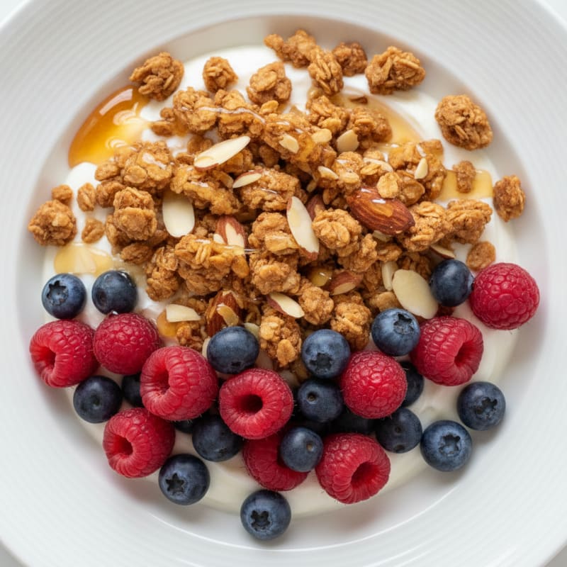 Greek Yogurt Parfait with Mixed Berries and Crunchy Almond Granola