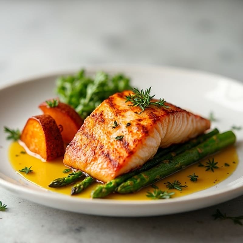 Seared Salmon with Roasted Sweet Potato and Asparagus