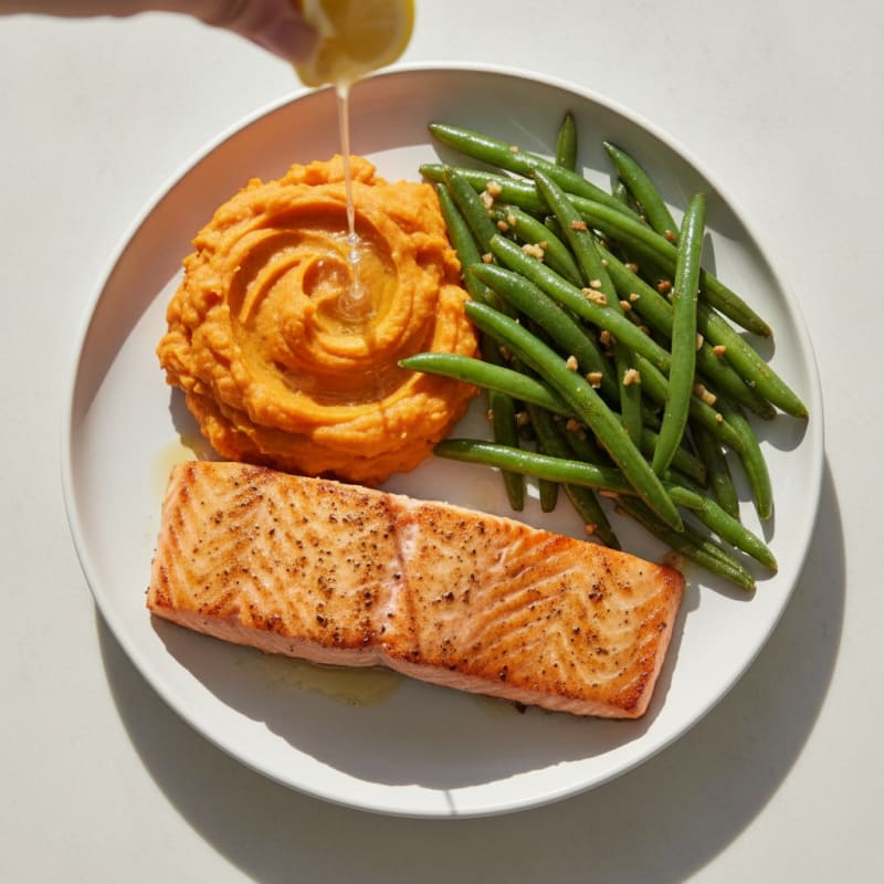 Seared Salmon with Garlic Green Beans and Mashed Sweet Potatoes