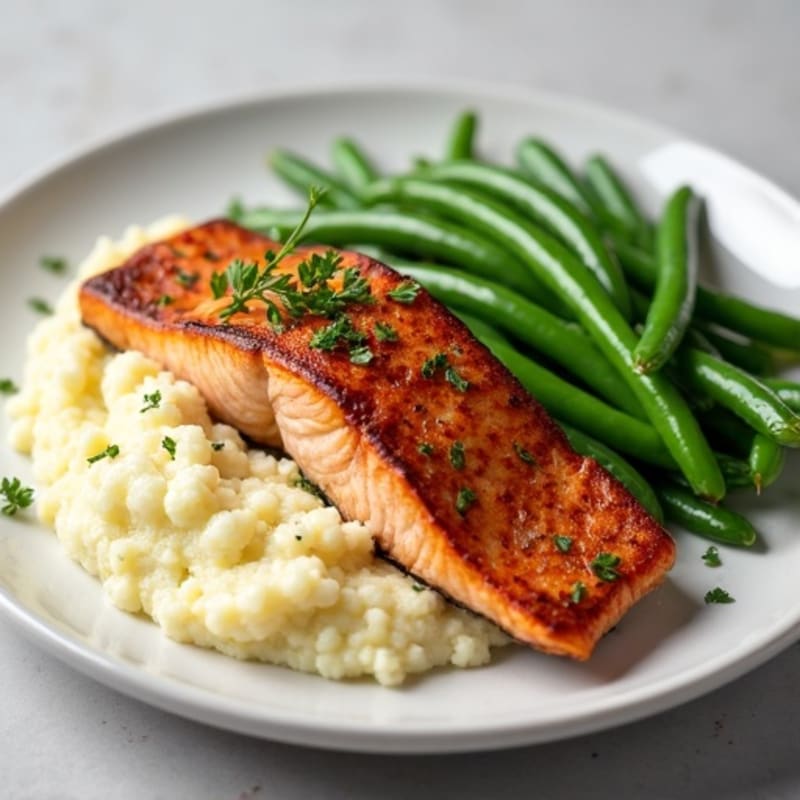 Seared Salmon with Garlic Green Beans and Cauliflower Mash