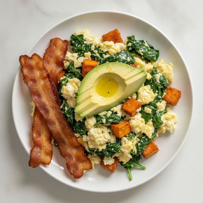 Crispy Turkey Bacon and Spinach Egg White Scramble