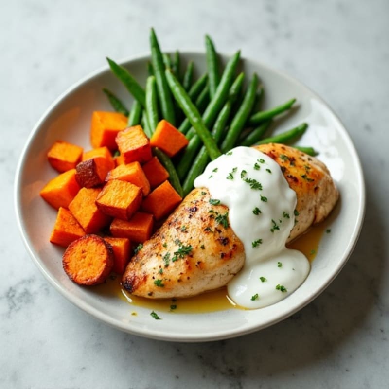 Creamy Chicken with Roasted Sweet Potatoes and Green Beans