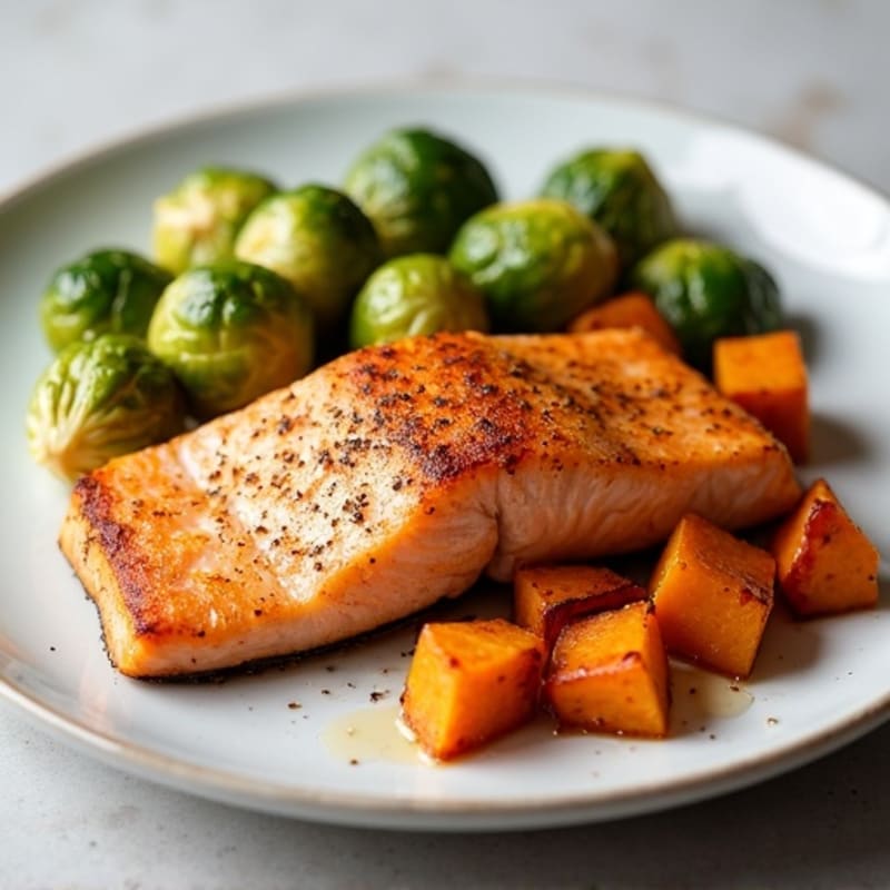 Crispy Pan-Seared Salmon with Roasted Brussels and Sweet Potato