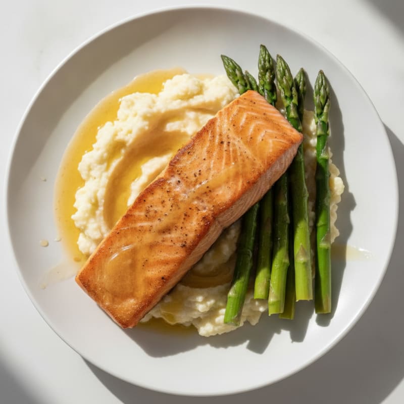 Seared Salmon Filet with Steamed Asparagus and Mashed Cauliflower