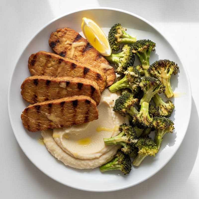 Grilled Tempeh with Roasted Broccoli and Creamy White Bean Mash
