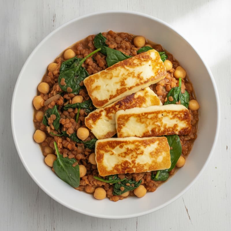 Lentil and Chickpea Stew with Spinach and Grilled Halloumi