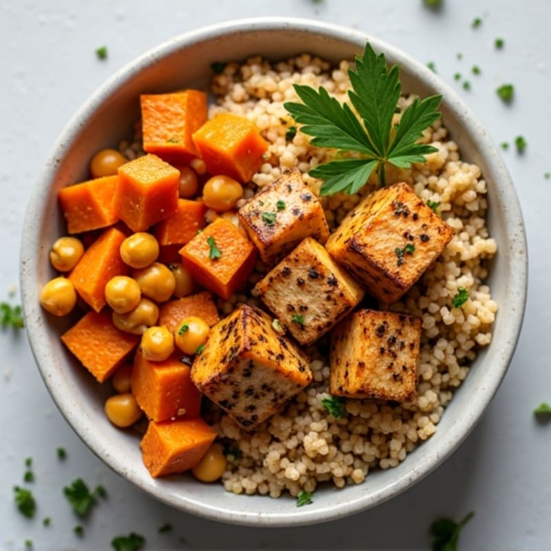 Roasted Sweet Potato Quinoa Bowl with Crispy Chickpeas & Roasted Tofu