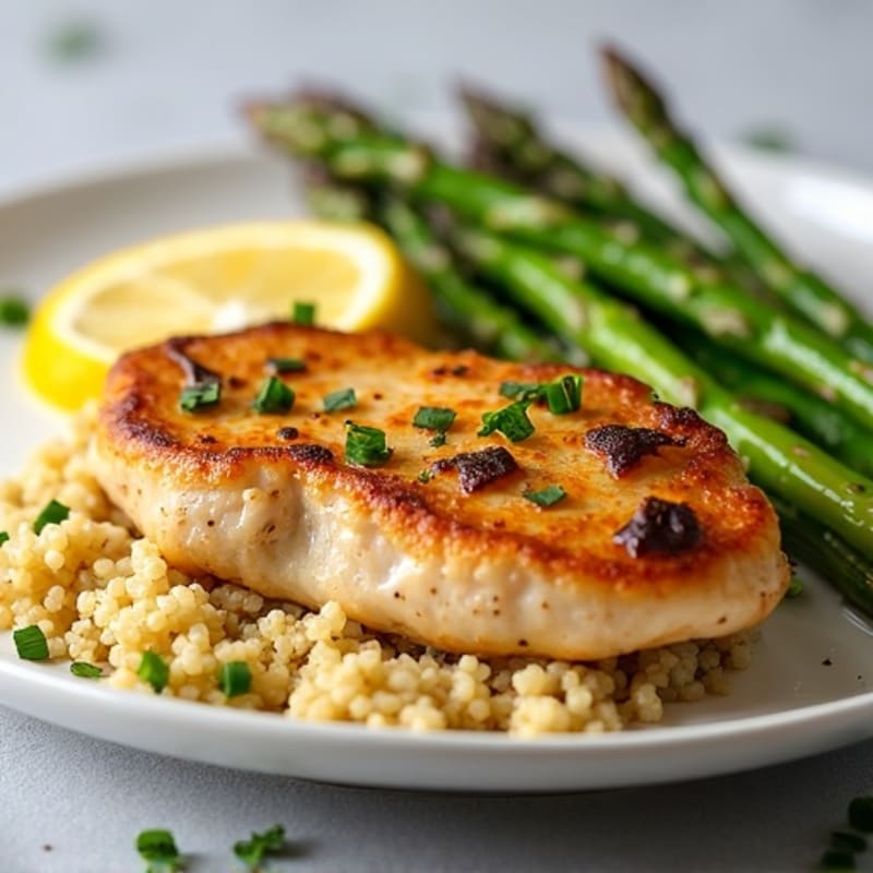 Lemon Garlic Pan-Seared Chicken with Roasted Asparagus & Quinoa