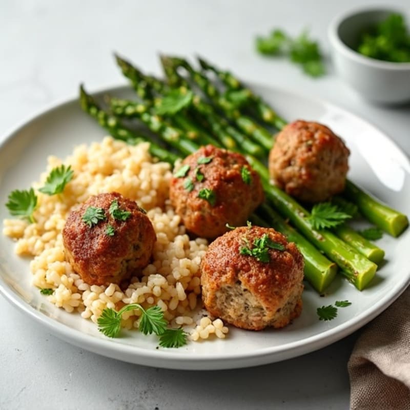 Herb-Loaded Turkey Meatballs with Fluffy Brown Rice and Roasted Asparagus