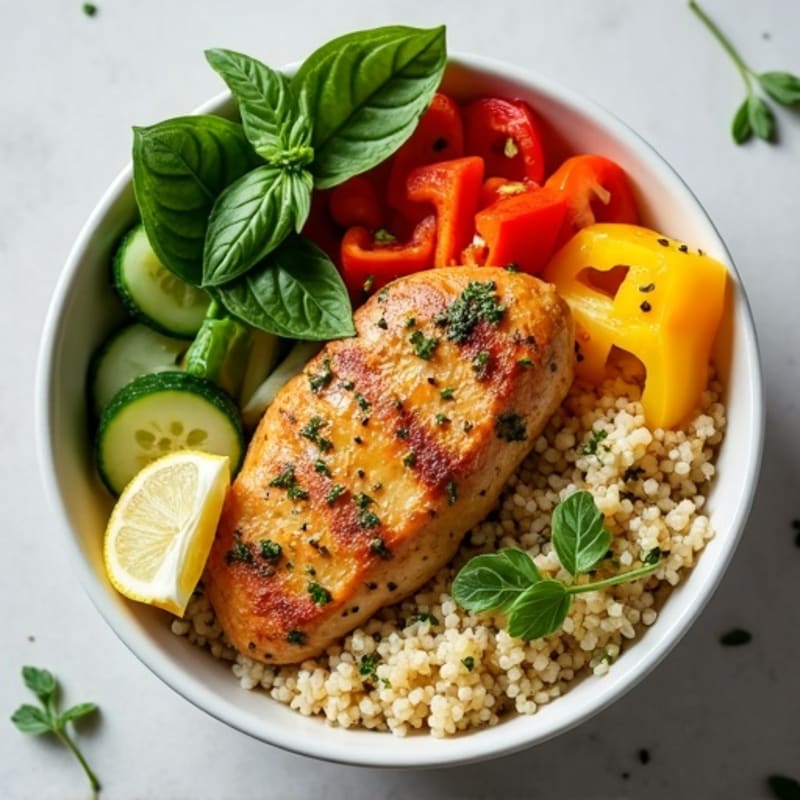 Herb-Marinated Chicken and Quinoa Bowl with Fresh Vegetables