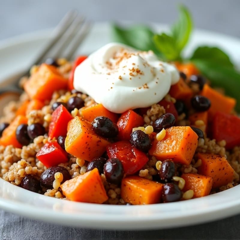 Sheet Pan Spiced Ground Turkey and Creamy Black Bean Sweet Potato Bake