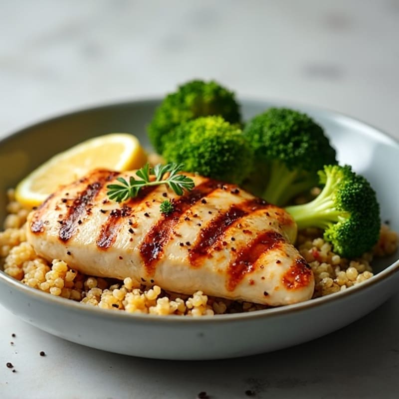 Grilled Chicken Breast with Quinoa Salad and Roasted Broccoli
