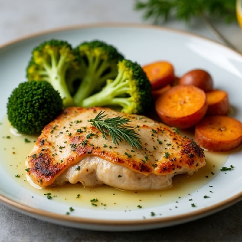 Lemon Herb Roasted Chicken with Crispy Roasted Broccoli and Sweet Potatoes