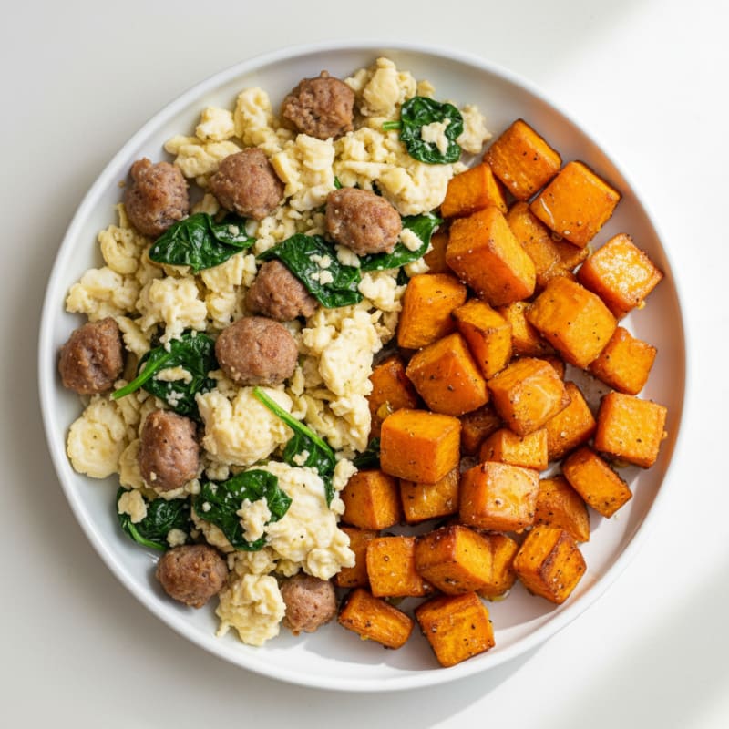 Egg White and Turkey Sausage Scramble with Spinach and Roasted Sweet Potato
