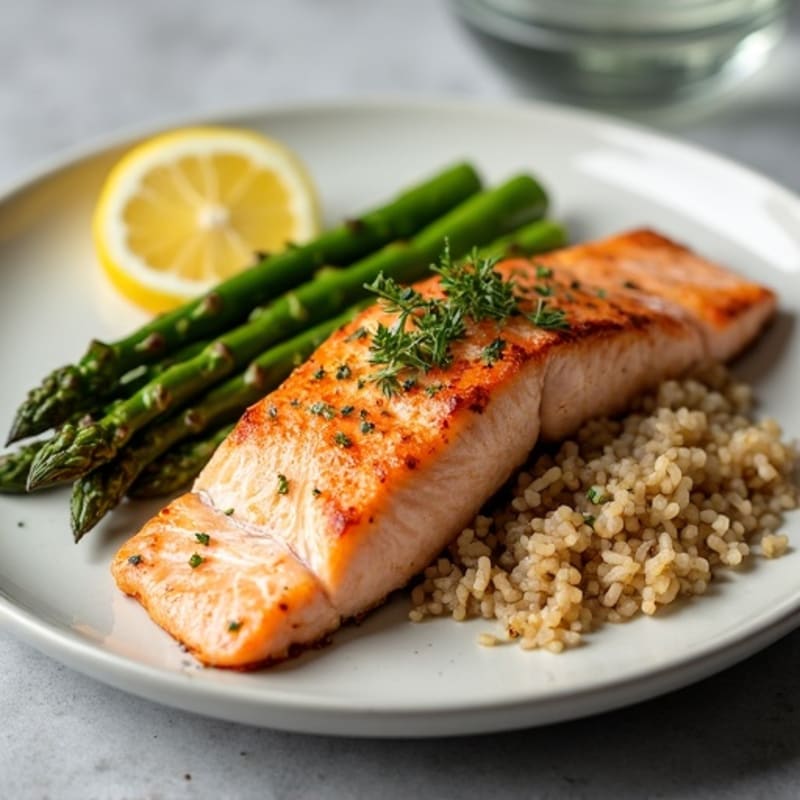 Seared Salmon with Steamed Asparagus and Brown Rice