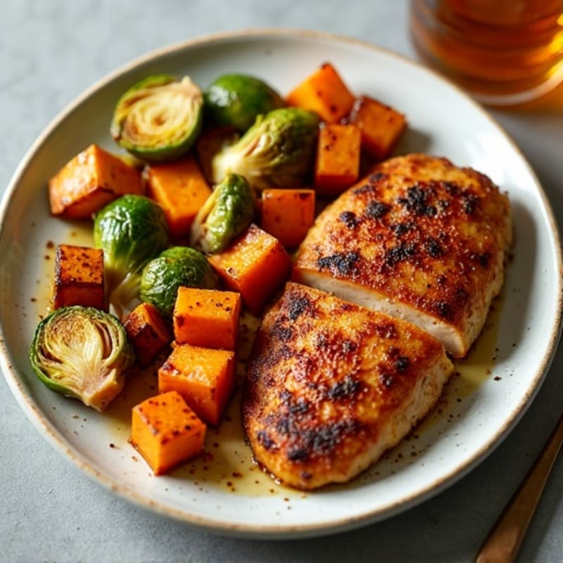 Sheet Pan Crispy Sweet Potato and Chicken with Roasted Brussels Sprouts