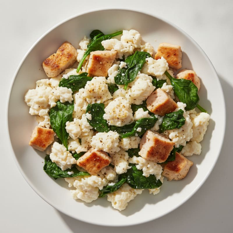 Egg White Scramble with Grilled Turkey Breast and Sautéed Spinach