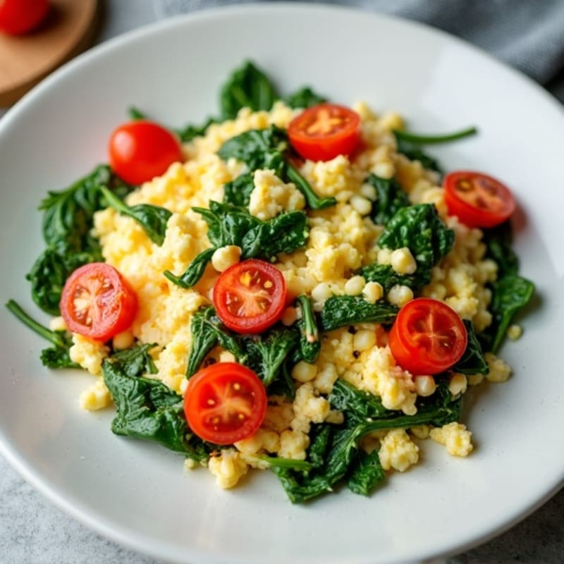 Egg White and Spinach Scramble with Cottage Cheese and Cherry Tomatoes