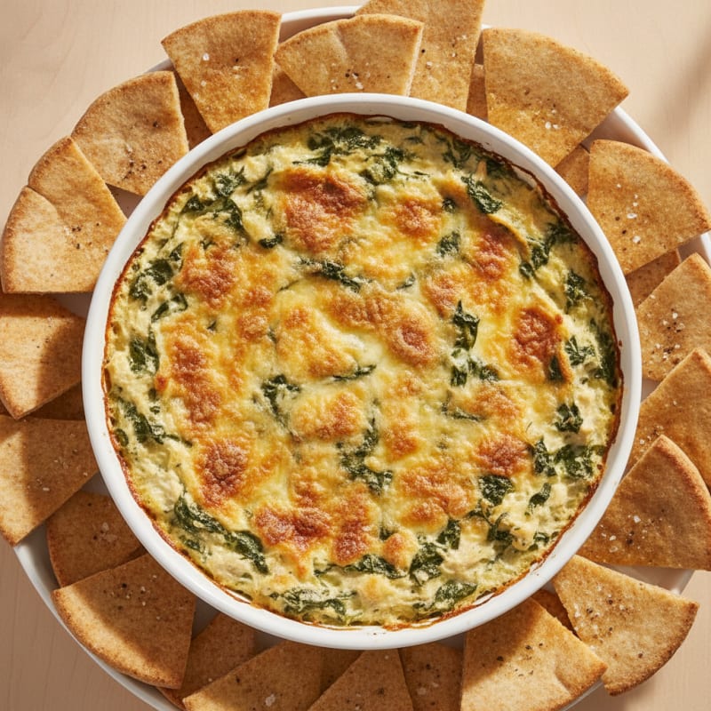 Baked Spinach Artichoke Dip with Toasted Pita
