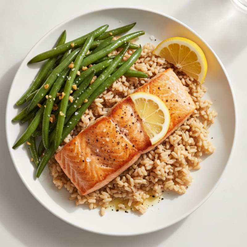 Seared Salmon with Garlic Green Beans and Brown Rice