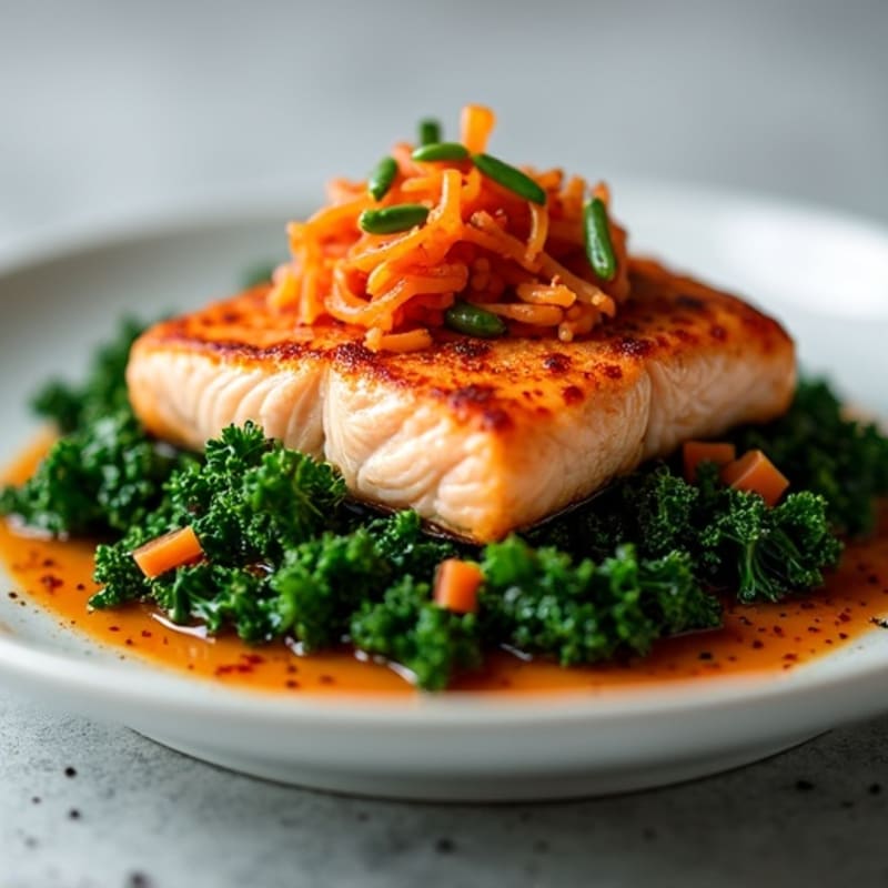 Pan-Seared Salmon with Wilted Kale and Spicy Kimchi