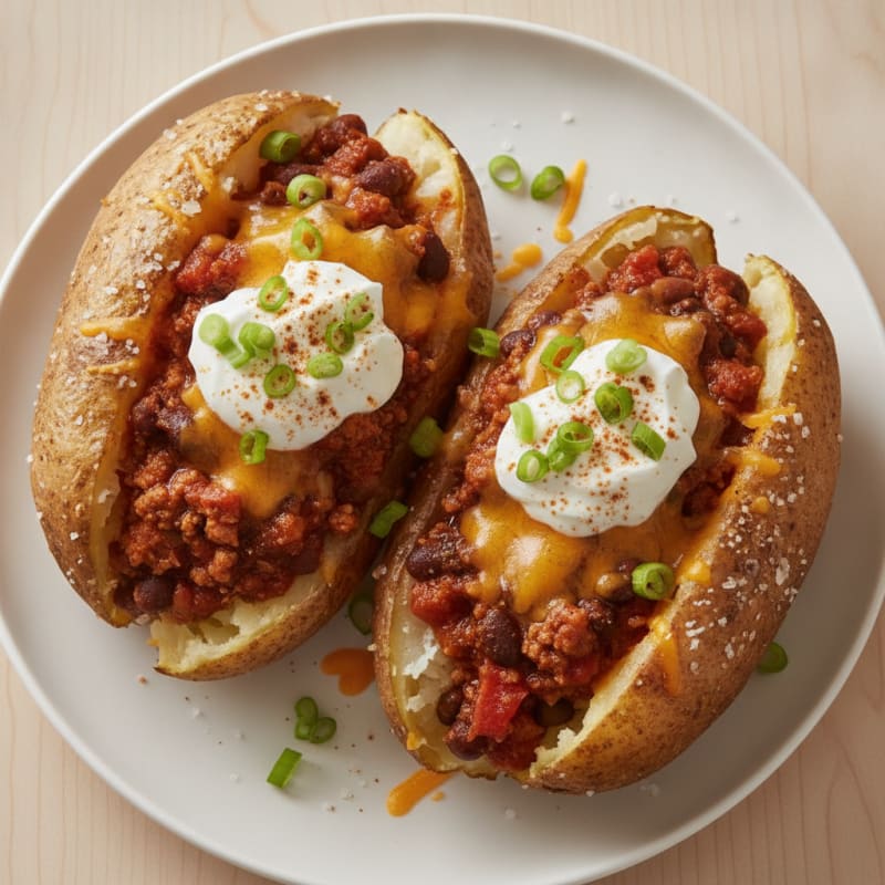 Loaded Baked Potatoes with Turkey Chili and Cheese