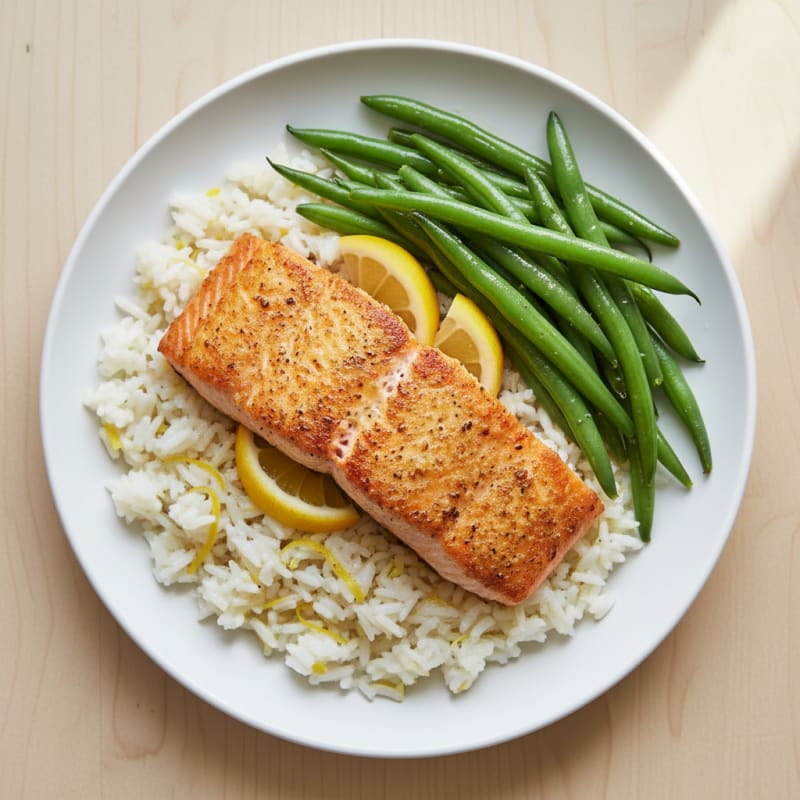 Seared Salmon with Steamed Green Beans and Lemon Rice