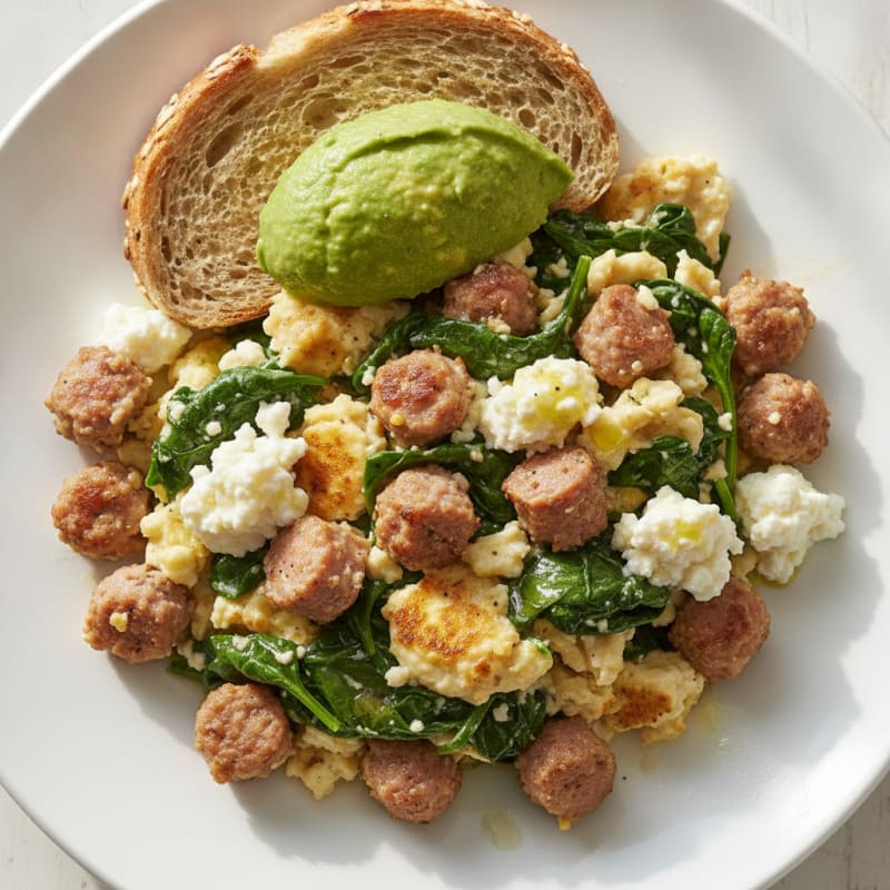 Egg White and Turkey Sausage Scramble with Spinach and Cottage Cheese
