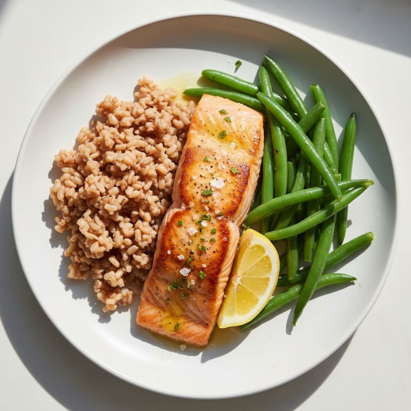 Seared Salmon with Steamed Green Beans and Brown Rice