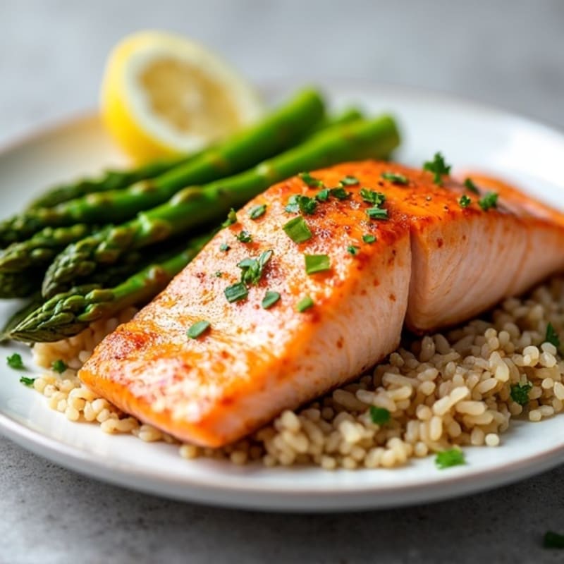 Seared Salmon Fillet with Steamed Asparagus and Brown Rice